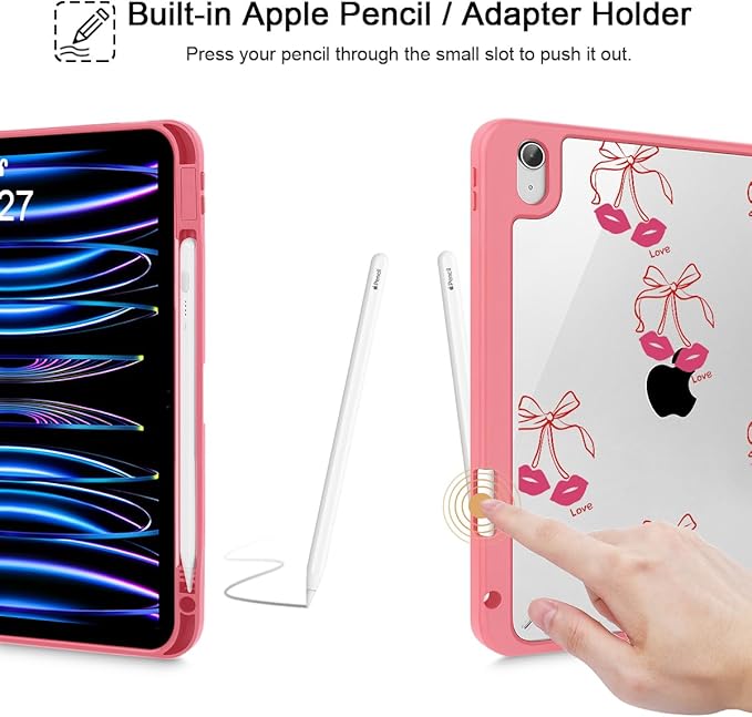 Tuiklol Case for iPad 11 inch (A16 Chip) 2025 Gen 11th / iPad 10.9 inch 2022 10th Gen Buit in Pencil Holder with Shockproof Cover Clear Transparent Back Shell Auto Wake/Sleep Cherry-Kisses