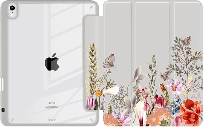 Batianda Hybrid Case for New iPad 11 2025 A16 Chip/iPad 10 2022 10.9-inch [Built-in Pencil Holder] Shockproof Cover with Clear Transparent Back Shell TPU BumperAuto Sleep/Wake Flowers