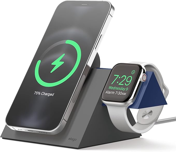 elago Charging Station Compatible with iPhone 17/16/15/14/13/12 Series Compatible with MagSafe Compatible with Apple Watch Series - Chargers are NOT Included [Dark Grey/Jean Indigo]