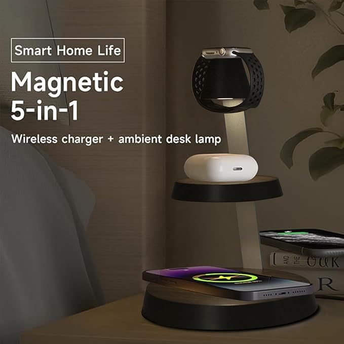 Magnetic Wireless Charger 3 in 1 Tower Standing Upright Double Layer Night Light High-Power Convenient Compatible with Cellphones/Wireless Earbuds/Apple Watch (Wood Grain Style)