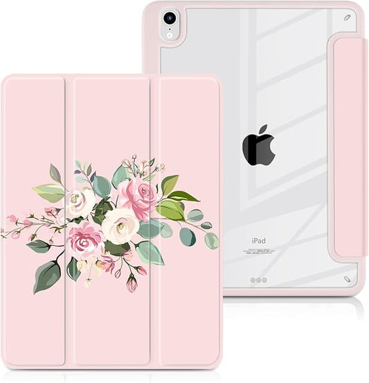 Batianda Hybrid Case for iPad Air 2022 (5th Generation M1 Chip) / iPad Air 4th 2020 10.9 inch [Built-in Pencil Holder] Shockproof Cover with Clear Transparent Back Shell TPU BumperFloral Branch