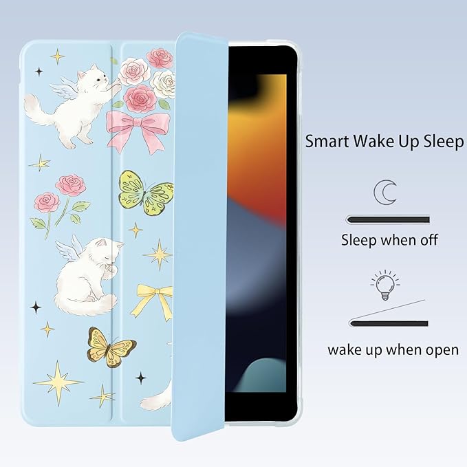 Cute Kitten Cat Butterfly for iPad Pro 11 Inch Case 4th/3rd/2nd Generation 2022/2021/2020 with Pencil Holder Auto Sleep/Wake Blue Leather Soft TPU Back Cover
