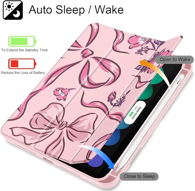 Mektron Printed Case for iPad mini 7 (A17 Pro) 2024/ Mini 6 2021 iPad mini 7th/6th Generation 8.3-inch Liquid Retina Display Cover Buit in Pencil Holder with Clear Back Shell Flowers-Bows-Pink