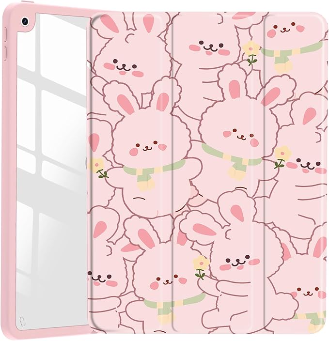 Lovely Rabbit Case for iPad Air 11 M3(2025)/ M2(2024)iPad Air 5th(2022)/ 4th (2020) Gen 10.9 Clear Hard Back Hybrid Casewith Pencil Holder Trifold Stand Tablet Cover for Women