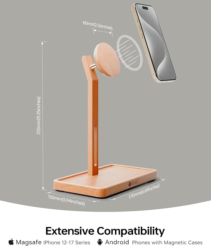 YEOUX Premium Magnetic Phone Holder for Desk | Solid Beech Wood | 360° Free Adjustable | MagSafe Compatible for iPhone 17 16 15 14 Stylish Desk Accessory