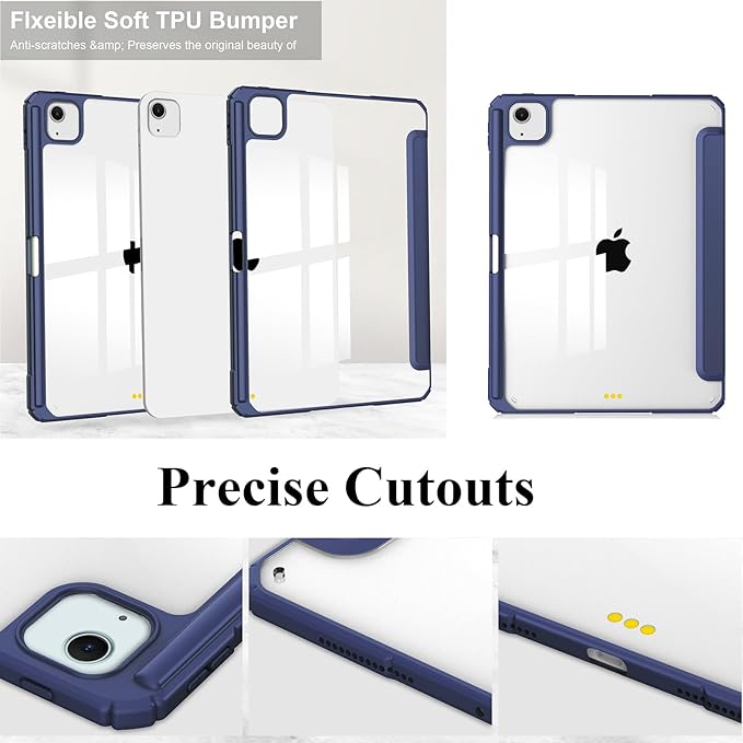 Stand Case for iPad Air 13 inch M2 (2024) with Clear Transparent Back &amp Soft TPU Shockproof Frame Cover [Built-in Pencil Holder] [Auto Sleep/Wake] Smart Lightweight Trifold Shell Dark Blue