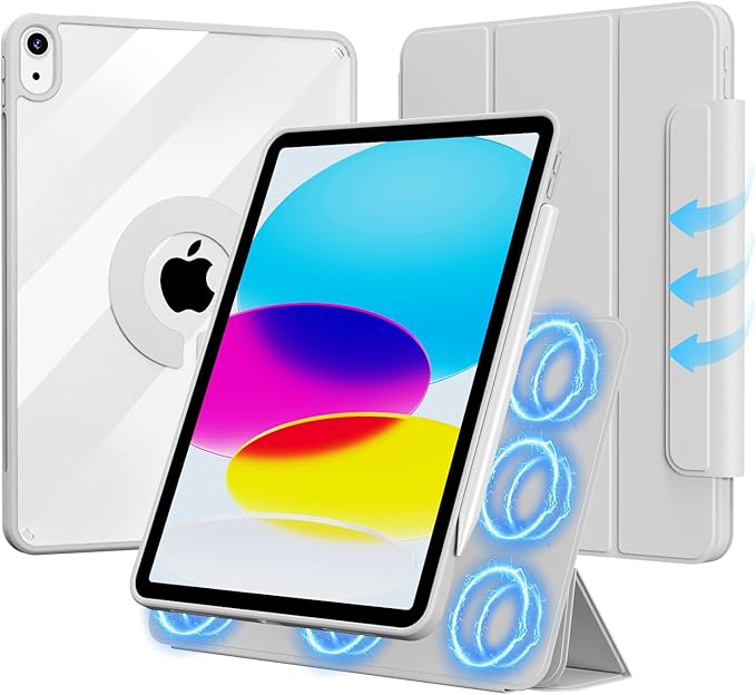 for iPad (A16) 11th Generation 11 Inch 2025/ 10th Generation 10.9 Inch 2022 Hybrid Case with Pencil Holder | Detachable Magnetic Cover | Portrait/Landscape Stand | Clear Hard Back Gray