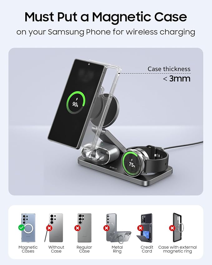 3 in 1 Foldable Magnetic Wireless Charging Station for Samsung Wireless Charger Stand for Galaxy S26 Ultra S25/S24 /Note 20/Flip 7/Fold 7 for Galaxy Watch Ultra/8/7/6Galaxy Buds 3/3 Pro