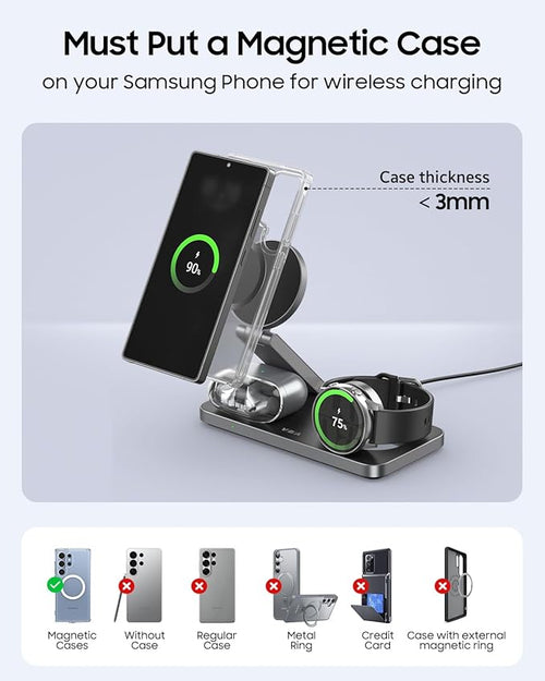 3 in 1 Foldable Magnetic Wireless Charging Station for Samsung Wireless Charger Stand for Galaxy S26 Ultra S25/S24 /Note 20/Flip 7/Fold 7 for Galaxy Watch Ultra/8/7/6Galaxy Buds 3/3 Pro