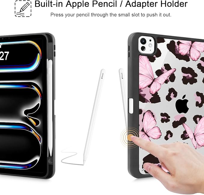 Mektron Case for M5/ M4 iPad Pro 11 inch 2025/2024 with Pencil Holder Compatible Models: A3357/A3358/A3359/A2836/A2837/A3006 Shockproof Cover Clear Shell Leopard Pink Butterfly