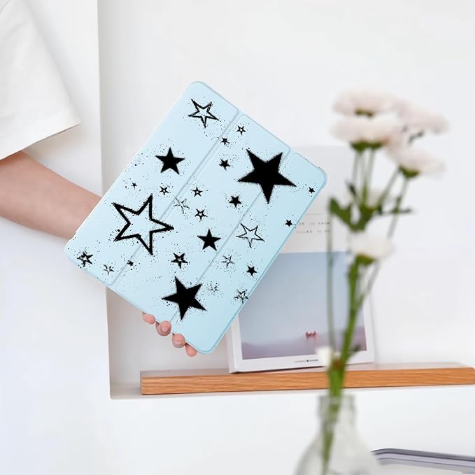 Cute Y2K Black Star for iPad Pro 11 Inch Case (M5/M4) 2025/2024 with Pencil Holder Auto Sleep/Wake Blue Leather Soft TPU Back Cover