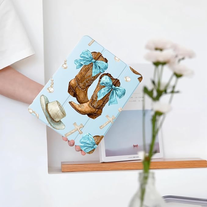Cowboy Boots Hat Bow Cross for iPad Pro 11 Inch Case 4th/3rd/2nd Generation 2022/2021/2020 with Pencil Holder Auto Sleep/Wake Blue Leather Soft TPU Back Cover