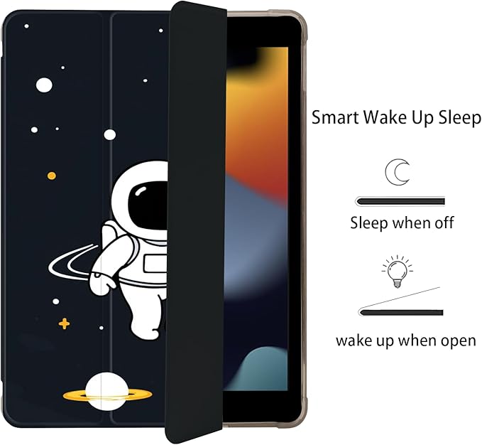 Cute Astronaut Space for iPad Air 13 Inch Case M3 2025/M2 2024 with Pencil Holder Auto Sleep/Wake Black Leather Soft TPU Back Cover
