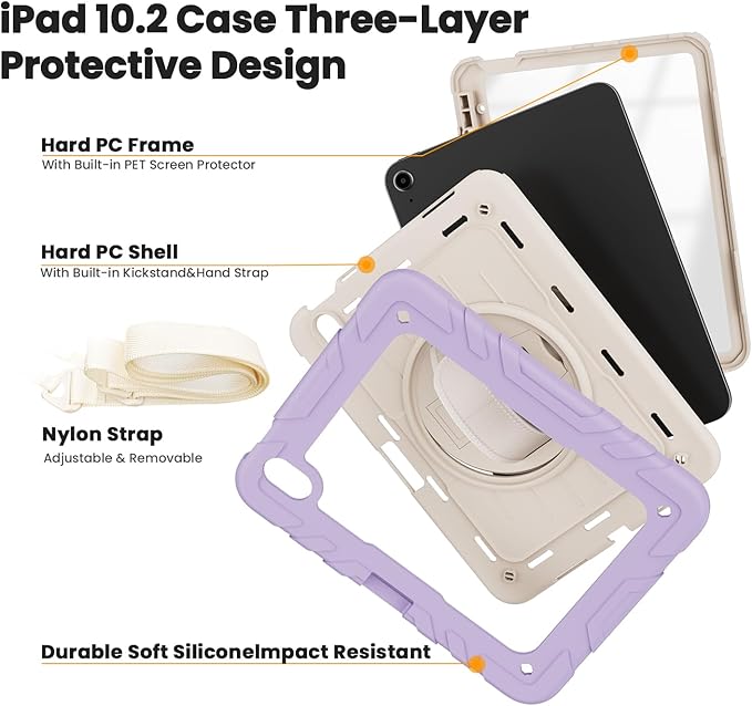 Case for iPad 10th Generation 10.9inch 2022with Built-in Screen Protector and KickstandHand StrapShoulder Strap for New Apple iPad 10.9 Inch(Purple/Beige)