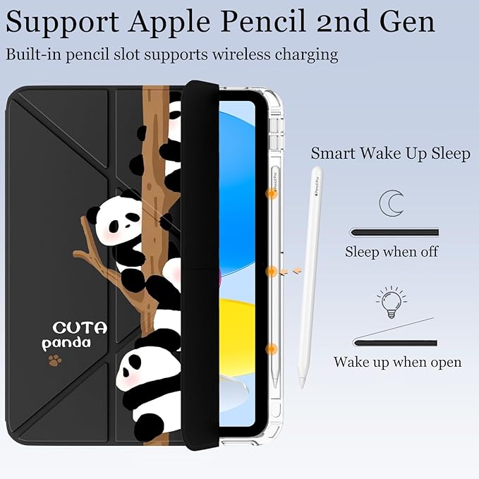 Cute Kawaii Panda for iPad Pro 11 Inch Case 4th/3rd/2nd Generation 2022/2021/2020 with Pencil Holder Auto Sleep/Wake Black Leather Acrylic Back Detachable Cover