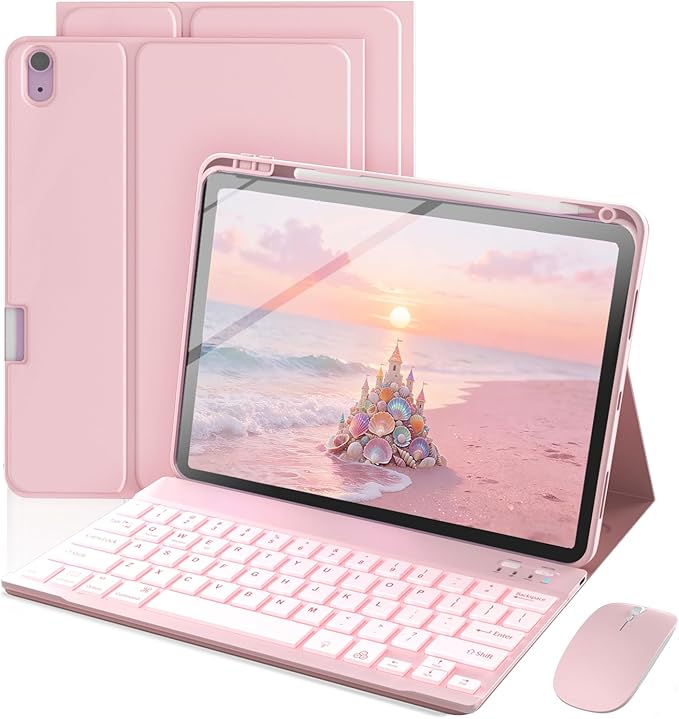 Keyboard Case for iPad mini A17 Pro 7th Generation 2024 / mini 6th Generation 2021 Mouse and Detachable Keyboard Adjustable Stand Built in Pencil Holder Auto-Sleep/Wake Feature Pink