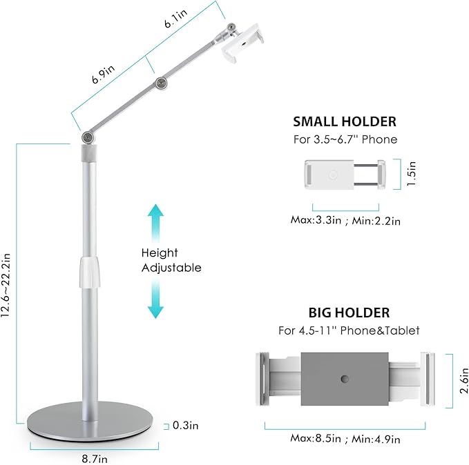 Viozon Tablet Phone Overhead Stand Height &amp 360 Degree Angle Adjustable Aluminum Desktop Stand Compatible with 3.5-11 Cellphone or Tablet Such as iPhone iPad Pro Air Mini Samsung Nexus(AP-4P