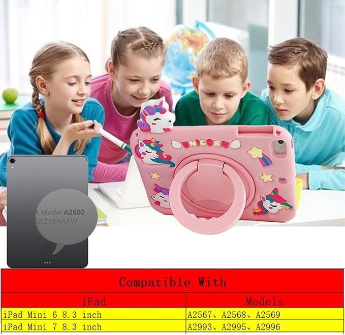 3D Cute Unicorn Case for iPad mini 7 (A17 Pro) 2024/Mini 6 2021 8.3 inchKawaii Cartoon Pretty Animal Soft Silicone Rotating Stand Case with Lanyard for Kids Teens Girls Women- Purple