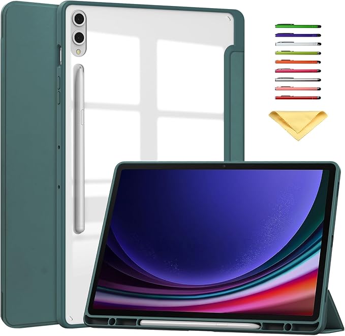 Stand Case for Samsung Galaxy Tab S8 Plus 2022/Tab S7 FE 5G 2021/Tab S7 Plus 2020 (12.4 Inch)UUcovers with Pencil Holder [Auto Sleep/Wake] Clear Transparent Back Shockproof Trifold Cover Dark Green