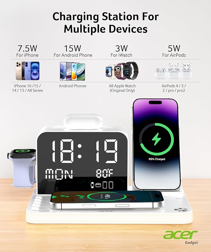 Acer 7-in-1 Wireless Charging Station with LED Clock - 30W Fast Wireless Charger for iPhone 16/15/14/13/12/Pro Max Apple Watch AirPods - Bluetooth Auto Time Sync &amp Night Lights (White)