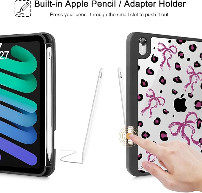 Mektron Printed Case for iPad mini 7 (A17 Pro) 2024/ Mini 6 2021 iPad mini 7th/6th Generation 8.3-inch Liquid Retina Display Cover Buit in Pencil Holder with Clear Back Shell Composition Book-Bows