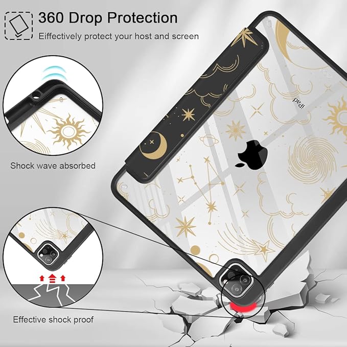 Tuiklol Case for iPad Pro 12.9 Inch M2 Case 2022 2021 2020 2018 Generation 6th/5th/4th/3rdBuilt-in Pencil 2nd Holder Clear Transparent Protective Back Shell CoverMoon and Star