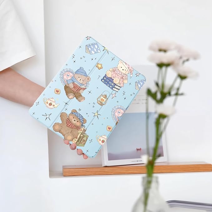Cute Kawaii Bear for iPad Pro 13 Inch Case (M5/M4) 2025/2024 with Pencil Holder Auto Sleep/Wake Blue Leather Soft TPU Back Cover