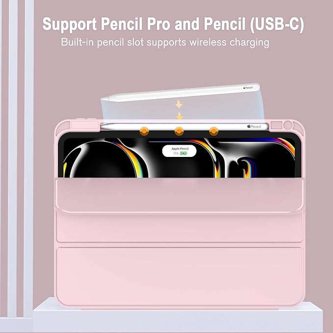 ZryXal New iPad Pro 13 Inch Case (M5) 2025 / (M4) 2024 with Pencil Holder Smart iPad Case [Support Pencil Pro and Pencil (USB-C)] Support Touch ID and Auto Wake/Sleep (New Pink)