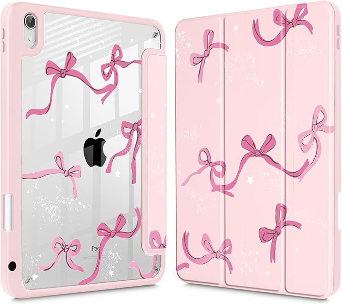Tuiklol Case for iPad 11 inch (A16 Chip) 2025 Generation 11th / iPad 10.9 inch 2022 10th Gen Buit in Pencil Holder with Shockproof Cover Clear Transparent Back Shell Auto Wake/Sleep Bow-Pink