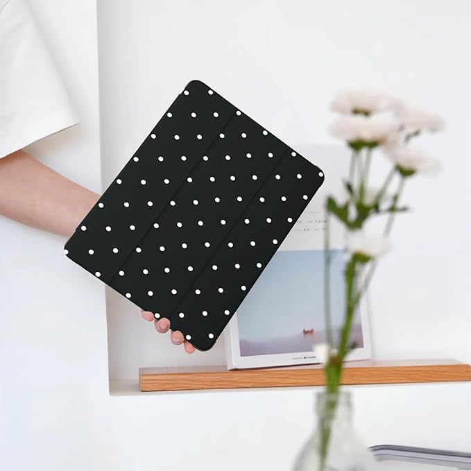 Cute White Polka Dot for iPad 5th/6th Generation Case with Pencil Holder Auto Sleep/Wake Black Leather Soft TPU Back Cover for iPad 9.7 Inch