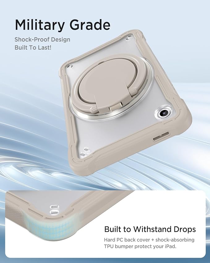 Miimall Case for Galaxy Tab A11 8.7 Inch 2025 with 360 Rotating Stand Bulit-in Shoulder Strap Shockproof Rugged Kids Friendly Shell Stylus Holder Cover for Samsung Galaxy A11 Tablet Khaki Clear