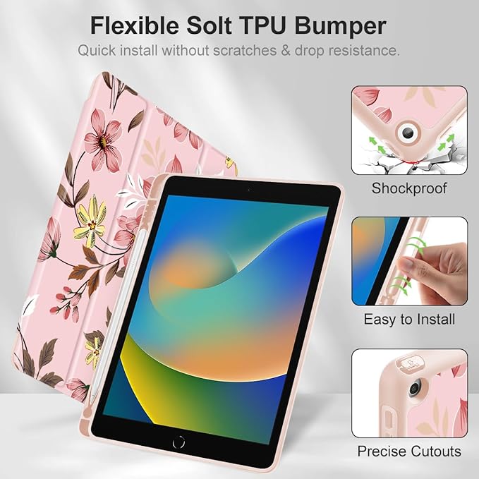 Mektron Designed Printed iPad 10.2 Case 9th Gen (2021)/ 8th Gen (2020)/ 7th Gen (2019) with Pencil Holder Slim Protective Case with Soft TPU Back Auto Wake/Sleep for iPad 10.2 Inch Floral C293