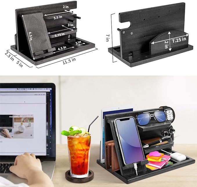 Wood Phone Docking Station - Gifts for Men Desk or Nightstand Organizer - Birthday Gifts for Husband Fathers Day for Dad - Anniversary Idea from Wife - Key Holder Stand Wallet Watch &amp Essential