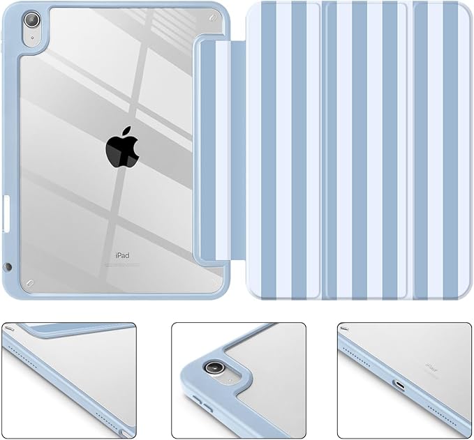 Tuiklol Case for iPad 11 inch (A16 Chip) 2025 Gen 11th / iPad 10.9 inch 2022 10th Gen Buit in Pencil Holder with Shockproof Cover Clear Transparent Back Shell Auto Wake/SleepBlue Striped