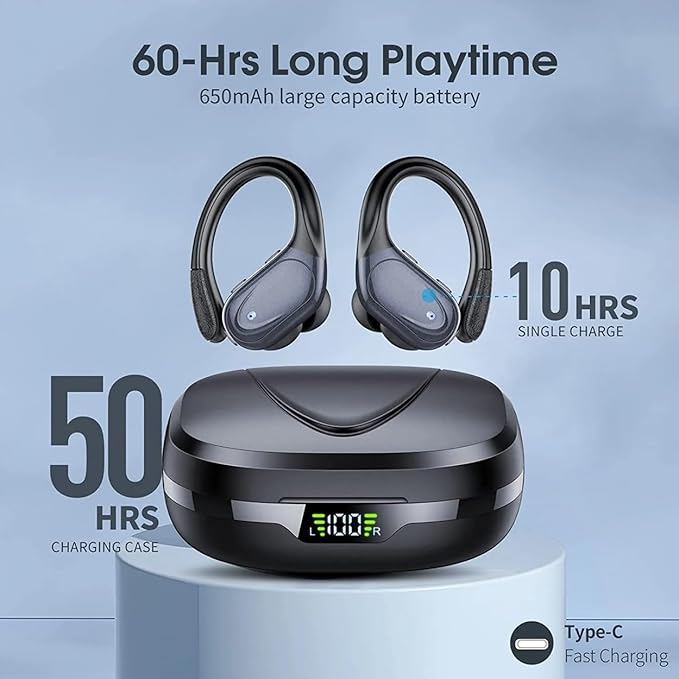TWS BX 17 Bluetooth 5.3 Wireless Earbuds 48hour Playtime HiFi Headphones Over-Ear Headset Sports IPX7 Waterproof Built-in Microphone Digital Power LED Display Powerful Stereo Bass Earphone (Black)