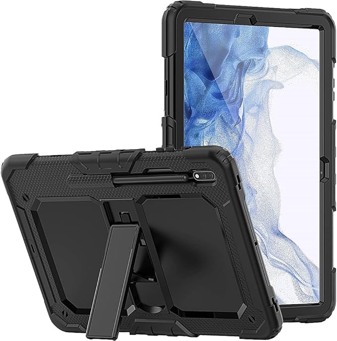 SaharaCase - Defense Series Case Cover for Samsung Galaxy Tab S8 (2022) [Shockproof Bumper] Rugged Full Screen Protection Integrated Kickstand Antislip Cover - Black