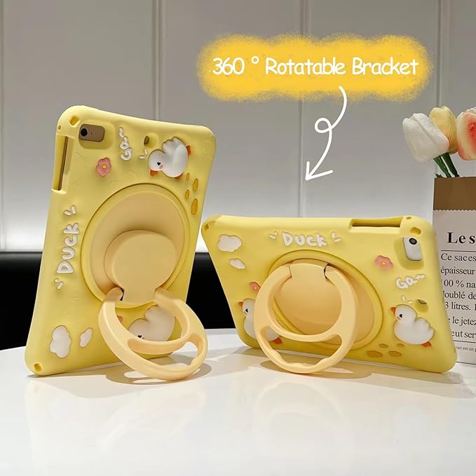 3D Cute Press Duck Case for iPad mini 1st 2nd 3rd 4th 5th Gen 7.9 inchKawaii Cartoon Character Duck Soft Silicone Rotating Stand Case with Lanyard for Kids Teens Girls Women