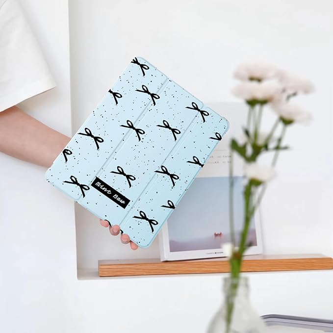 Cute Kawaii Black Bow for iPad Pro 11 Inch Case (M5/M4) 2025/2024 with Pencil Holder Auto Sleep/Wake Blue Leather Soft TPU Back Cover