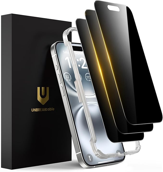 UNBREAKcable Privacy Screen Protector for iPhone 16 Plus (6.7) 25° Anti-Spy Tempered Glass Easy Install Alignment Frame Case-Friendly 9H Hardness Anti-Fingerprint 3-Pack