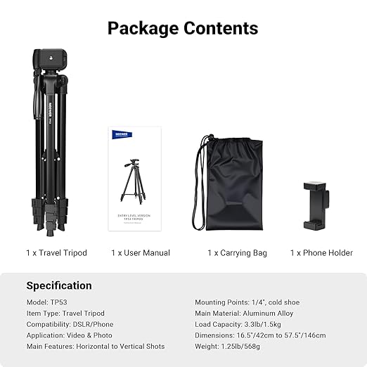 NEEWER Entry Level Version Tripod for Cell Phone &amp Camera Metal Lightweight Portable Travel Stand with Cold Shoe Cellphone Holder Mount Compatible with iPhone for Video Recording Filming TP53