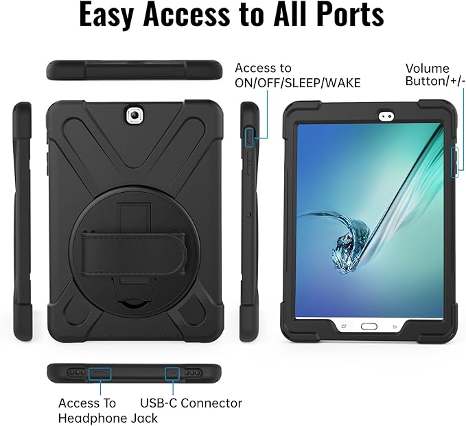 Galaxy Tab S2 9.7 Case - Dropproof Shockproof Heavy Duty Tablet Cover Rotatable Kickstand Handle Stand Hand Strap Shoulder Belt Carrying Case for Samsung SM-T810/T813/T815/T817/T818/T819 9.7 Black