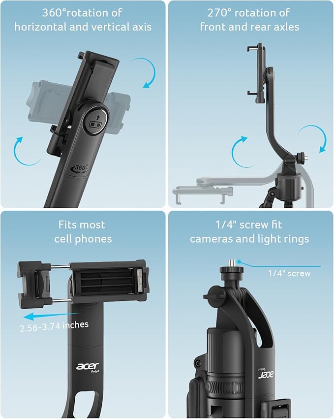 Acer Gadget Auto Face Tracking Tripod for iPhone/Cell Phone/Android/Camera with Light and Remote 64 No App 360°Rotating Tripod Selfie Stick for Tiktok YouTube Vlog Live Streaming Video Recording