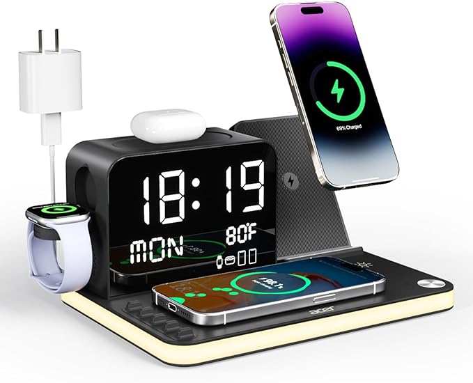 acer 7-in-1 Wireless Charging Station: Charger Stand for Multiple Devices for Apple - iPhone 16 15 14 13 12 Pro Max Apple Watch Airpods Wireless Charger iPhone Charging Station with Bluetooth TimeSyn