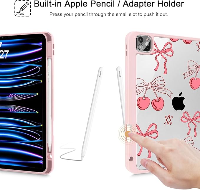 May Chen for iPad Pro 11 inch M2 4th Generation 2022 iPad Pro 11 3rd/2nd/1st Gen Built-in Pencil Holder with Shockproof Cover Clear Transparent Back Shell Auto Wake/Sleep Coquette Cherry Bow