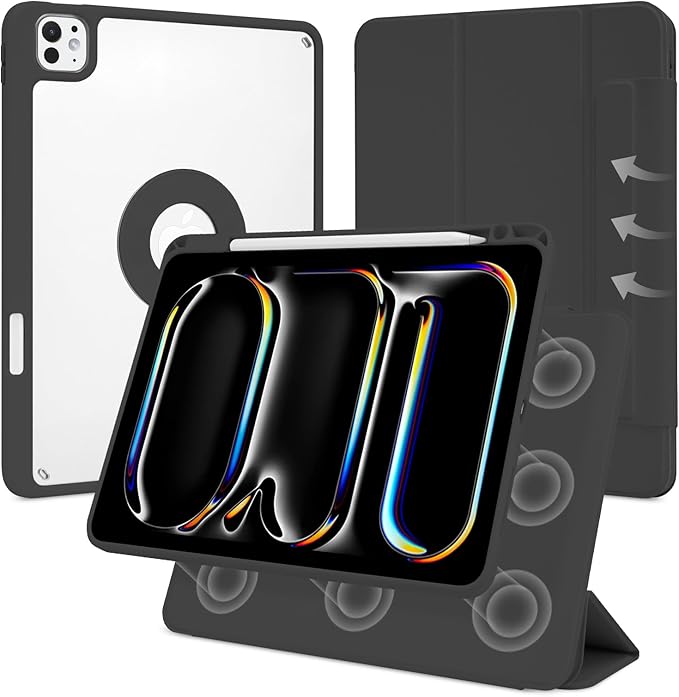 Case for iPad Pro 11 inch M5/M4 (2025/2024 6th/5th Generation) Removable and Detachable Magnetic Cover with Pencil Holder Vertical Adjustable Stand Tri-Fold Multi-Angle Black
