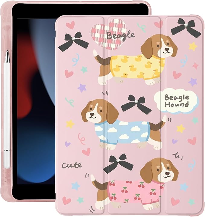 Cue Kawaii Beagle Dog Puppy for iPad Pro 12.9 Inch Case 5th/6th Generation 2022/2021/2020 with Pencil Holder Auto Sleep/Wake Pink Leather Soft TPU Back Cover