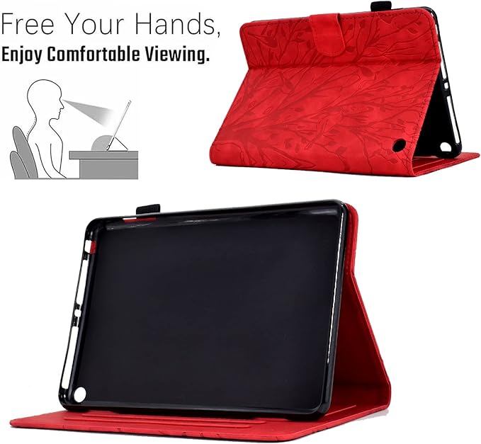 for Amazon Kindle Fire HD 8 &amp Fire HD 8 Plus Case (12th/10th Generation 2024/2022/2020) 8 UUcovers Embossed Magneic Smart Cover with Stand/Pencil Holder [Auto Sleep/Wake] Red Lucky Tree