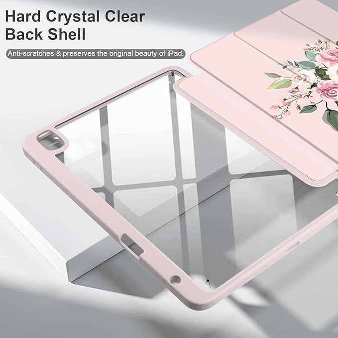 Batianda Hybrid Case for iPad Air 2022 (5th Generation M1 Chip) / iPad Air 4th 2020 10.9 inch [Built-in Pencil Holder] Shockproof Cover with Clear Transparent Back Shell TPU BumperFloral Branch