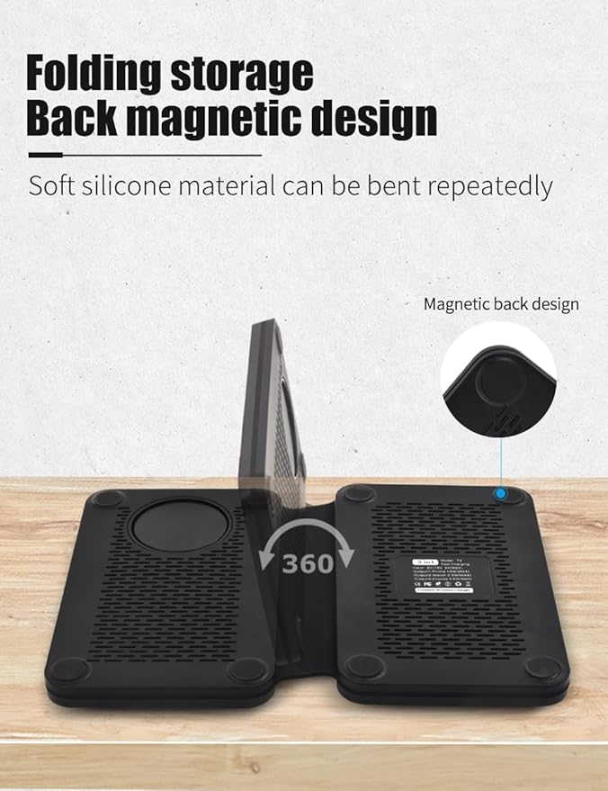 3-in-1 Charging Station for Apple Devices Fast Mag Safe Wireless Charger Foldable Travel Charger for Cell Phone 16-12 Series AirPods and iWatch Series (wulnut Wood)