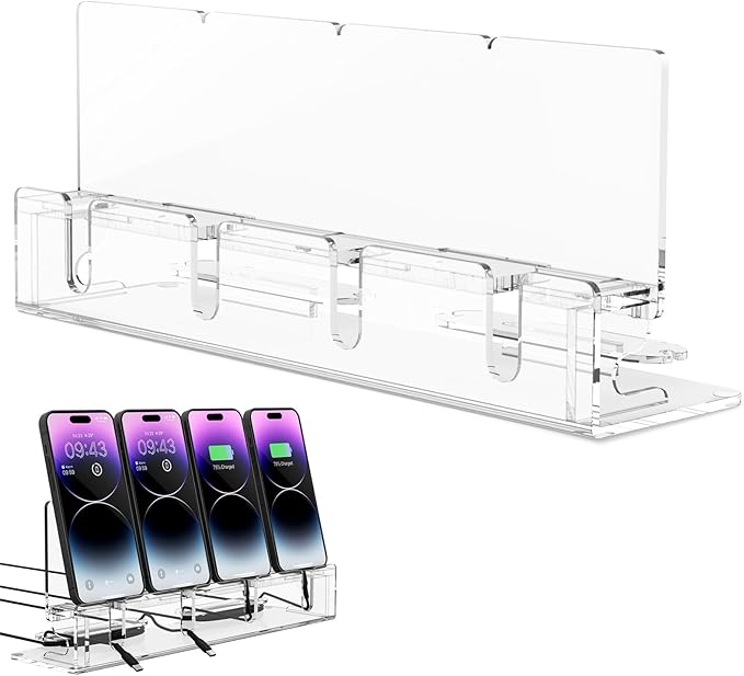 Cell Phone Stand Multiple Phone Holder Organizer Stand for 4 Phones Acrylic Desktop Mobile Phone Docking Station Charging Holder (Clear)